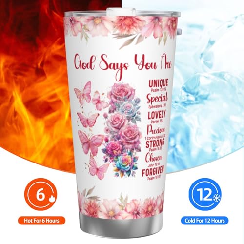 20 oz Religious Inspirational God Says You Are Tumbler with Lid, Faith Sign Sunflower Butterfly Stainless Steel Double Wall Cup for Hot Cold Coffee, Travel Mug Gifts for Women - color: Straw Three-piece Set 5