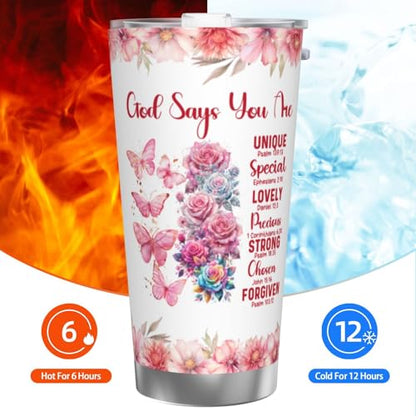 20 oz Religious Inspirational God Says You Are Tumbler with Lid, Faith Sign Sunflower Butterfly Stainless Steel Double Wall Cup for Hot Cold Coffee, Travel Mug Gifts for Women - color: Straw Three-piece Set 5