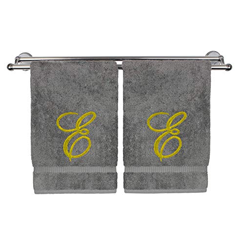 Monogrammed Hand Towel, Personalized Gift, 16 x 30 Inches - Set of 2 - Gold Embroidered Towel - Extra Absorbent 100% Turkish Cotton - Soft Terry Finish - for Bathroom, Kitchen and Spa - Script E Gray - color: Gold on Gray, style: Initial E
