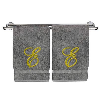 Monogrammed Hand Towel, Personalized Gift, 16 x 30 Inches - Set of 2 - Gold Embroidered Towel - Extra Absorbent 100% Turkish Cotton - Soft Terry Finish - for Bathroom, Kitchen and Spa - Script E Gray - color: Gold on Gray, style: Initial E