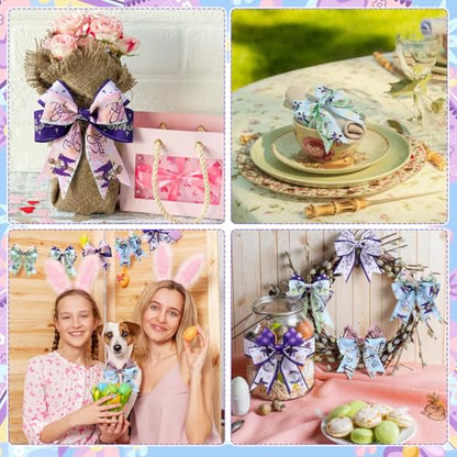 12 Rolls Spring Easter Ribbon He is Risen Cross Egg Wired Burlap Ribbon 2 Inch x 60 Lavender Purple Easter Decor Ribbons for Spring Wreath Tree Bow DIY Crafts Gift Wrapping Party Supplies 12 Styles - style: He is Risen