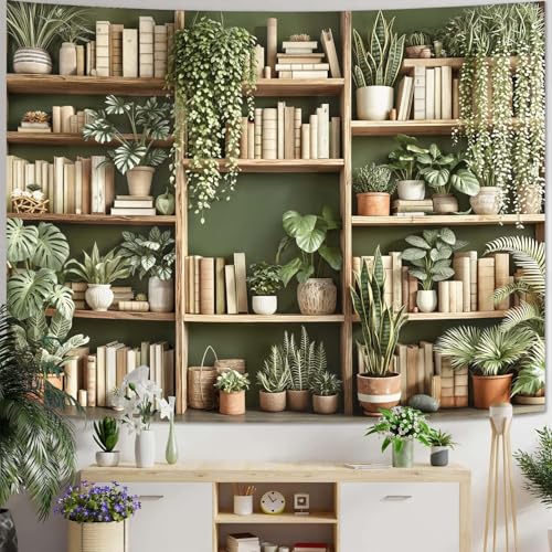 Accnicc Green Plant Bookshelf Tapestry Botanical Bookshelf Tapestries Wall Hanging Modern Potted Plants Bookshelf Backdrop Small Tapestry for Bedroom Living Room Dorm 60 x 44 inch - color: Beige Green, size: 60"L x 44"W