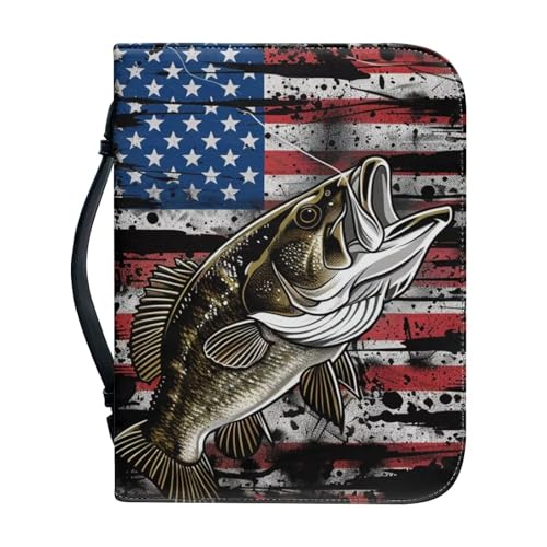 American Flag Fish Pattern Bible Cover for Women Men, Bible Case Bag with Top Handle PU Leather Bible Carrying Case for Church - color: American Flag Fish, size: 2X-Large