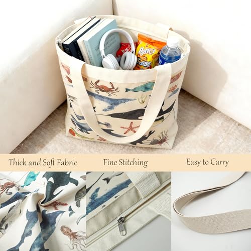 Large Tote Shopping Bag Cotton Canvas-Reusable grocery Bag with Zipper Aesthetic Reusable Shoulder Bag - style: Style-b
