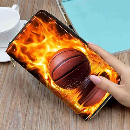 Burning Basketball Print Wallet for Women Large Capacity Wallet Credit Card Holder PU Leather Zipper Clutch Purse Phone Wallet - color: Burning Basketball