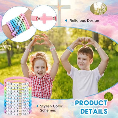 Landical 20 Pcs Cross Bracelets and Jesus Loves You Bracelet Bulk - color: Macaron