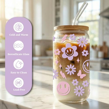 JEKUGOT Cute Smile Glass Cup, Aesthetic Iced Coffee Cup, 16oz Flower Glass Cups with Lids and Straws, Smiley Face Tumbler Gifts for Women and Girls, Birthdays Party Supplies, Incentives