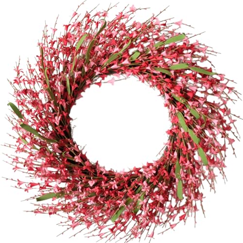 26 Inch Spring Wreaths for Front Door, Large Artificial Forsythia Flowers Wreath, Spring Summer Floral Wreath All Season for Home, Wall, Window, Porch, Wedding, Farmhouse Decor (Pink) - color: Pink