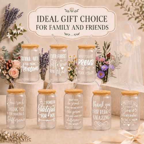 Iced Coffee Mugs, 8 Sets, Glass, 16 oz, Reusable, Inspirational - color: Inspirational Quotes