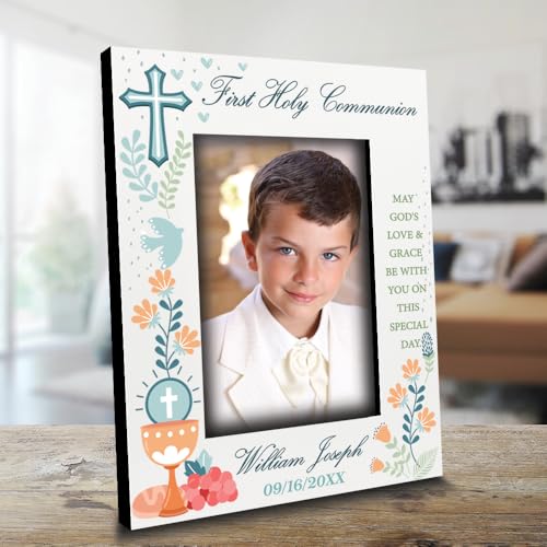 BELLA BUSTA-Personalize My First Holy Communion Theme Picture frame-Cross and Chalice, Religion, Christian Traditions Occasion-UV Print (5x7Vertical (Boy)) - color: 5x7Vertical (Boy)