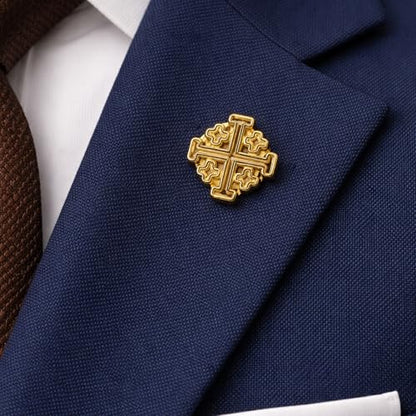 Gold Tone Jerusalem Cross Lapel Pin – Christian Religious Brooch, Faith Symbol Pin, Suit Jacket & Hat Accessory, Gift for Men & Women