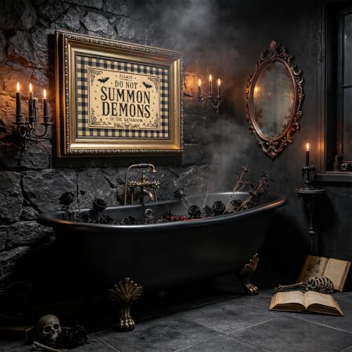 Gold Framed Please Do Not Summon Demons In The Bathroom Wall Art 9X11 in - color: Gothic Bathroom 1, size: 11"L x 9"W
