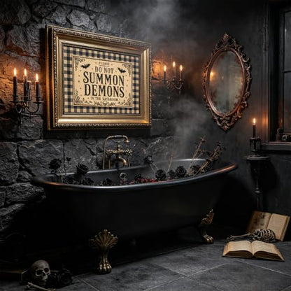 Gold Framed Please Do Not Summon Demons In The Bathroom Wall Art 9X11 in - color: Gothic Bathroom 1, size: 11"L x 9"W