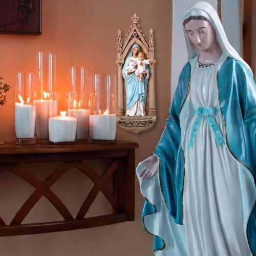 Yerliker Mary Statue and Child Holy Water Font Wall Plaque Renaissance Collection, 7.87" h, Resin Religious Gift, Inspirational Home Decor
