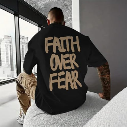 Christian Jesus Shirts for Men Faith Over Fear Shirt God Religious Bible Verse Inspirational Oversized Graphic Tees - color: Black, size: Small