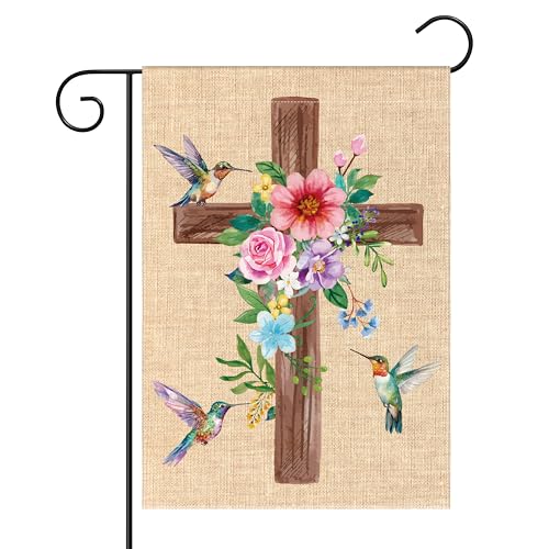 WATINC Spring Summer Hummingbird Flower Christian Cross Linen Garden Flag - 12 x 18 Inch Easter Religious Yard Flag for Outside, Double Sided House Outdoor Decoration for Porch Lawn Pathway (Pink) - color: Pink