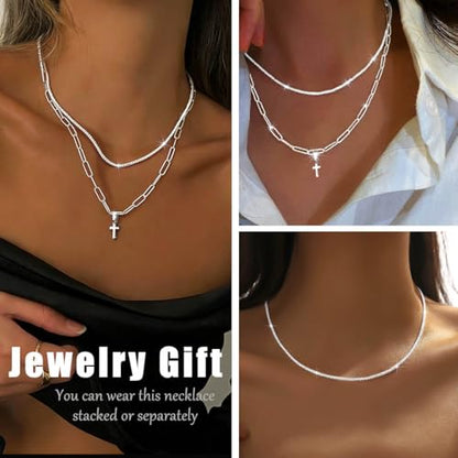925 Sterling Silver Necklace for Women Layered Cross Paperclip Chain Necklaces Dainty Sparkle Pendant Jewelry Gifts - style: Paperclip Chain+Cross