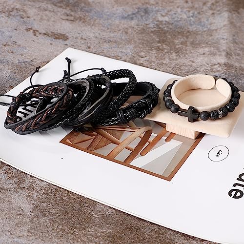 MILAKOO 6 Pcs Braided Leather Bracelet for Men Women Wooden Beaded Cuff Wrap Bracelet Adjustable - color: B: Black