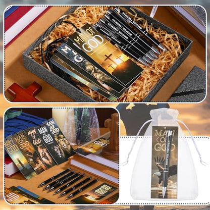 Supervitae 12 Sets Man of God Gifts for Men Included 12 Christian Ballpoint Pens 24 Bible Verse Bookmark Church Gifts Bulk for Men Dad Religious Party Favors Christian Gift