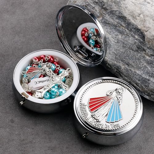 HanlinCC Divine Mercy Catholic Rosary Necklace with Steel Gift Box - color: Silver