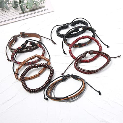 HZMAN Handmade Hemp Cords Wood Beads Leather Bracelets for Men Women - style: 2Pcs Leather Bracelets