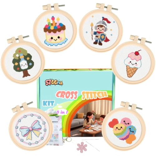 57lilina Easy Embroidery Kit for Kids Beginners, 6 Set Cute Stamped Pattern - color: Tree+Cake+Soldier+Bow Tie+Ice Cream+Candy