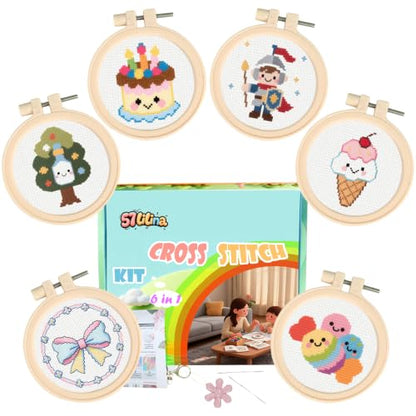 57lilina Easy Embroidery Kit for Kids Beginners, 6 Set Cute Stamped Pattern - color: Tree+Cake+Soldier+Bow Tie+Ice Cream+Candy