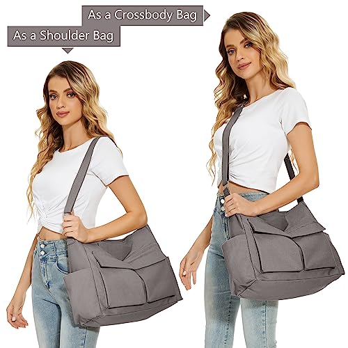 KALIDI Canvas Tote Bag Zipper Large Crossbody Shoulder Bag Messenger Bag - color: Upgraded Grey