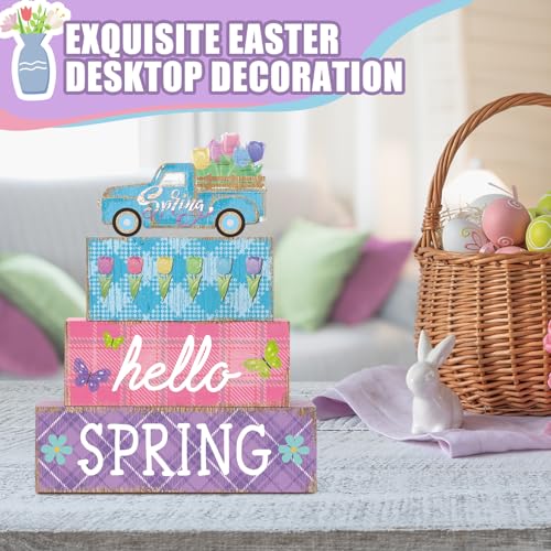 4 Pcs Spring Table Decor Farmhouse Tulip Wooden Sign Spring Wood Block Decorative Floral Truck Tiered Tray Decor Rustic Table Centerpieces for Home Kitchen Shelf Fireplace Desk Indoor - style: Tulip