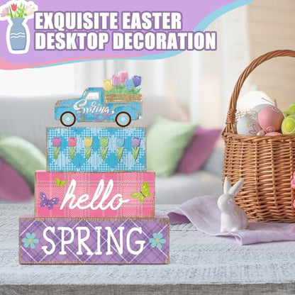 4 Pcs Spring Table Decor Farmhouse Tulip Wooden Sign Spring Wood Block Decorative Floral Truck Tiered Tray Decor Rustic Table Centerpieces for Home Kitchen Shelf Fireplace Desk Indoor - style: Tulip