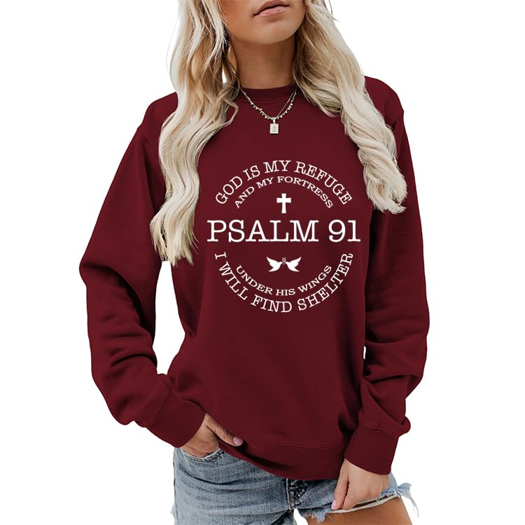 Christian Sweatshirts for Women Psalms 91 Long Sleeve Shirt - color: Wine, size: XX-Large