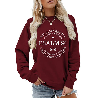 Christian Sweatshirts for Women Psalms 91 Long Sleeve Shirt - color: Wine, size: XX-Large