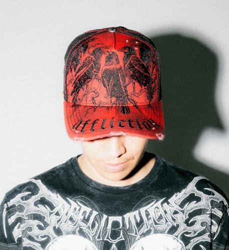 Affliction Men's Baseball Cap, Gothic Style, Embroidered Pattern - color: Dirty Red Potassium Spray (Crows)
