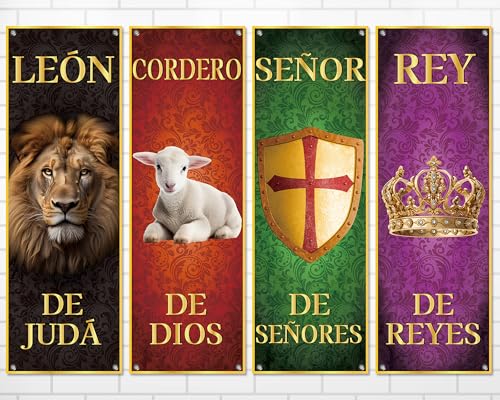 4Pcs Spanish Church Banners for Sanctuary Wall Worship Religious Banners Hanging Backdrop Christian Porch Signs Bible Verses Banner Scripture Hanging Signs for Church School Decor - style: Spanish Bible Verses