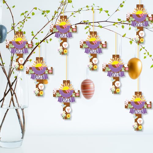 Haooryx Easter He is Risen Cross Craft Kit - 28 Pack Make Your Own Jesus Resurrection Cross Hanging Ornaments Thankful Craft for Church Sunday School Classroom Christian Easter Day Party Supply - style: He is Risen Cross