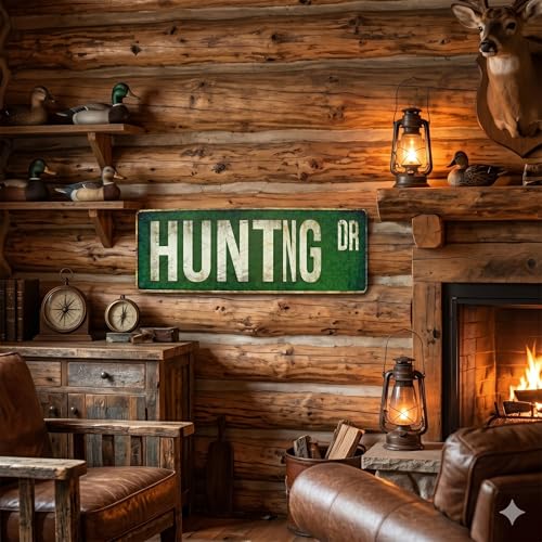 Hunting Dr Metal Street Sign, Vintage Aluminum Outdoor Wall Decor 15 x 4 Inch, Rustic Green Retro Road Sign for Man Cave Hunting Cabin Lodge Garage Den Gift for Hunter - color: Hunting Dr
