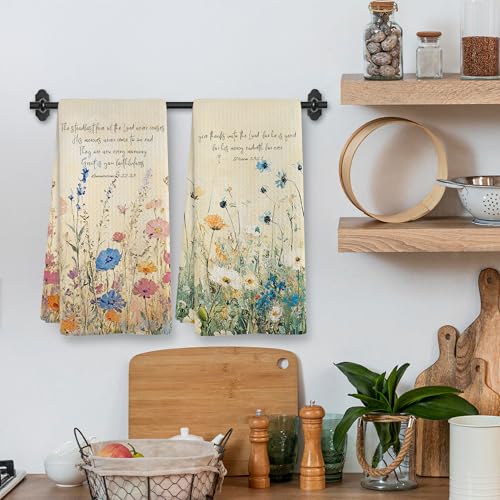 Vintage Spring Floral Decorative Kitchen Towels and Dishcloths Sets of 2, Christian Gifts, Wildflower Christian Scripture Decor Decorations Dish Hand Tea Towels for Bathroom Kitchen,16x24Inch - color: Mercy Thanks