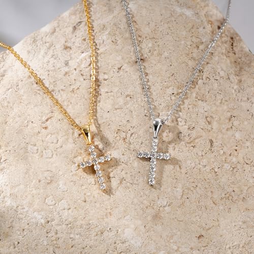 LANE WOODS Moissanite Small Cross Necklace for Women: Dainty Tiny 14K Gold Plated Sterling Silver Pendant Simulated Diamond Layered Chain Necklace Minimalism Jewelry - style: 2-Gold