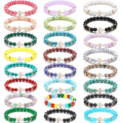 Huquary 24 Pcs Cross Beaded Bracelets, 8mm Christian Stone - color: Stylish