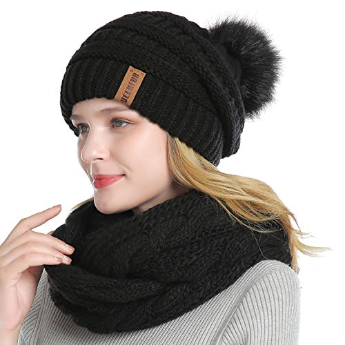 Winter Women Thick Cable Knit Ribbed Infinity Circle Loop Scarf - color: 02a- Black Beanie&scarf Set