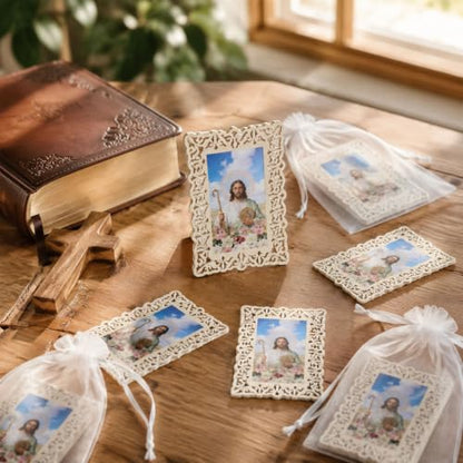 12 Sets Catholic Saint Joseph Picture Frames with Gift Bags, Baptism Favors for Guests, Openwork Carving Prayer Wooden Tablets, First Communion Favors Catholic Gifts Bulk, Recuerdos de Bautizo