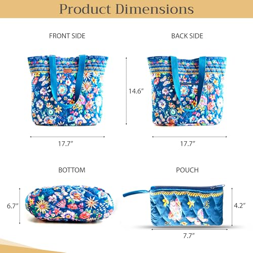 Maison d' Hermine Shopping Bags Cotton Quilted Tote Bag with Zipper Pockets - color: 005 - Happy Florals - Blue