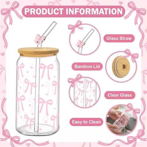 Glass Cups with Lids and Straws, 4Pack, 16oz, Coquette Pink - style: 4Pcs Pink Bow