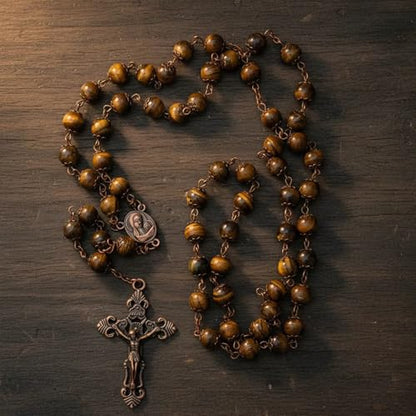 Nazareth Store Natural Stone Beads 8mm Rosary Necklace Antique Copper Design Holy Soil Medal & Cross in Velvet Bag - Catholic Rosaries Terra Santa Jerusalem Collection - color: Tiger Eye