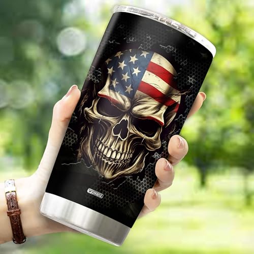 Personalized American Flag Skull Tumbler Gifts for Men Travel Cup Coffee Mug Insulated Stainless Steel 20oz With Lid Water Bottle Gift for Dad Him Husband Son - color: SKULL FLAG
