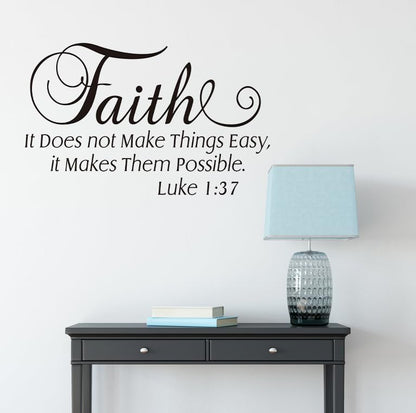 Luke 1:37 Christian Wall Decals, Faith It Does Not Make Things Easy it Makes Them Possible Bible Verse Wall Stickers, Scripture Quotes Religious Phrase Vinyl Wall Art for Home Church