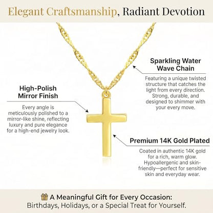 14K Gold Plated Cross Necklace for Women, Christian Jewelry - style: 2-Wave