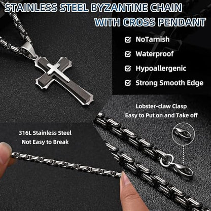 FLHEART Byzantine Cross Necklace for Men, Black Silver Stainless Steel Cross Chain Pendant Necklace Masculine Chunky Sturdy Mens Christian Jewelry Gift 22/24 Inch - color: Black, size: 22In