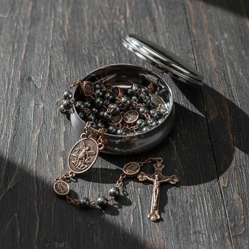 Nazareth Store St Michael Rosary Hematite Stone Beads Necklace Metal Beaded Glory Beads Archangel Medal & Cross with Metal Gift Box - color: Copper | Jesus Cross