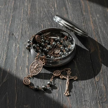 Nazareth Store St Michael Rosary Hematite Stone Beads Necklace Metal Beaded Glory Beads Archangel Medal & Cross with Metal Gift Box - color: Copper | Jesus Cross